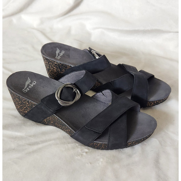 DANSKO "Susie" Women's Black Nubuck Wedge Comfort Sandals Size 42/11-11.5 Cork - Picture 1 of 11